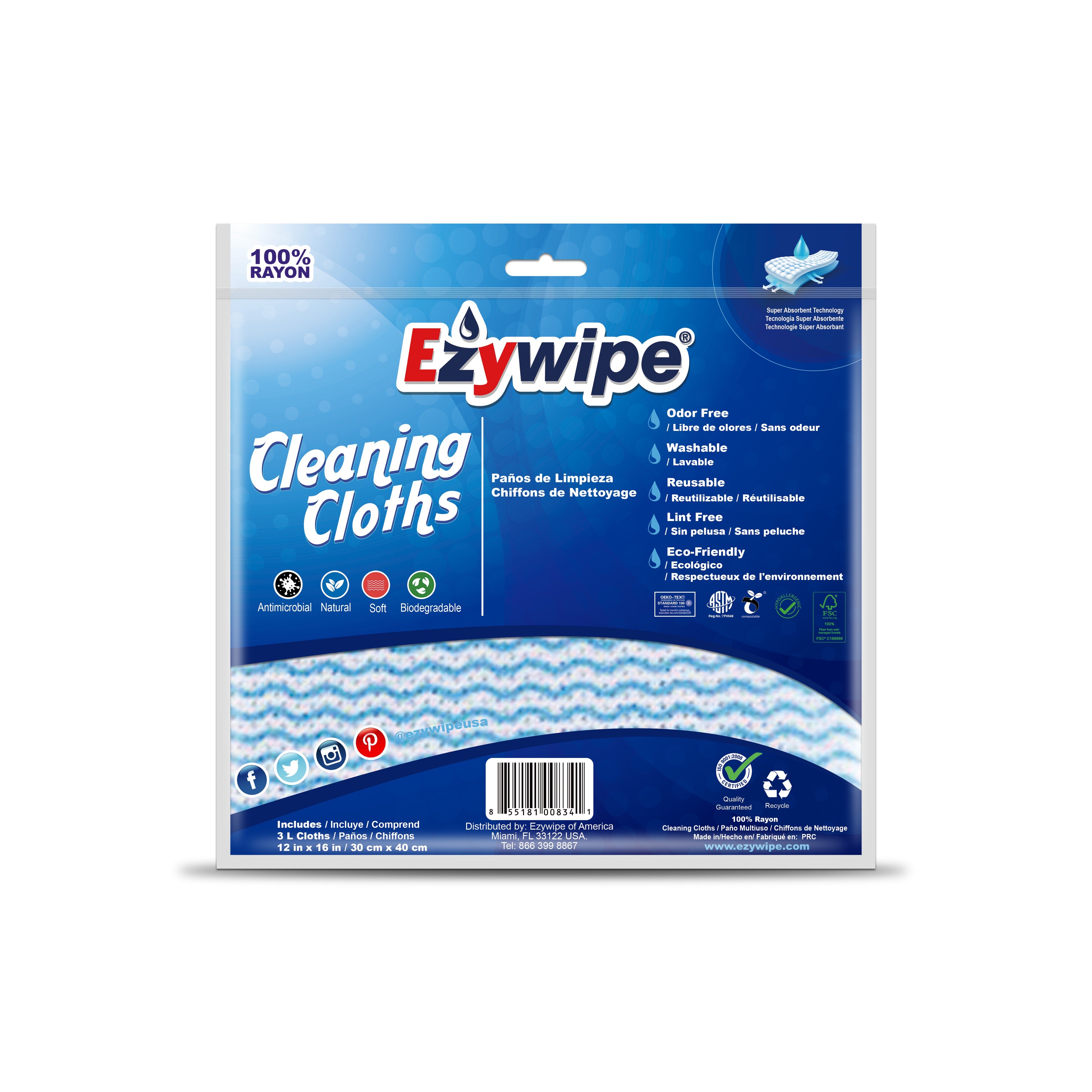 Ezywipe Reusable Cleaning Cloth. Multipurpose Heavy Duty, Odor Free, Machine Washable, Super Absorbent. Lint & Streak Free - 6 Pack 16” x 12”