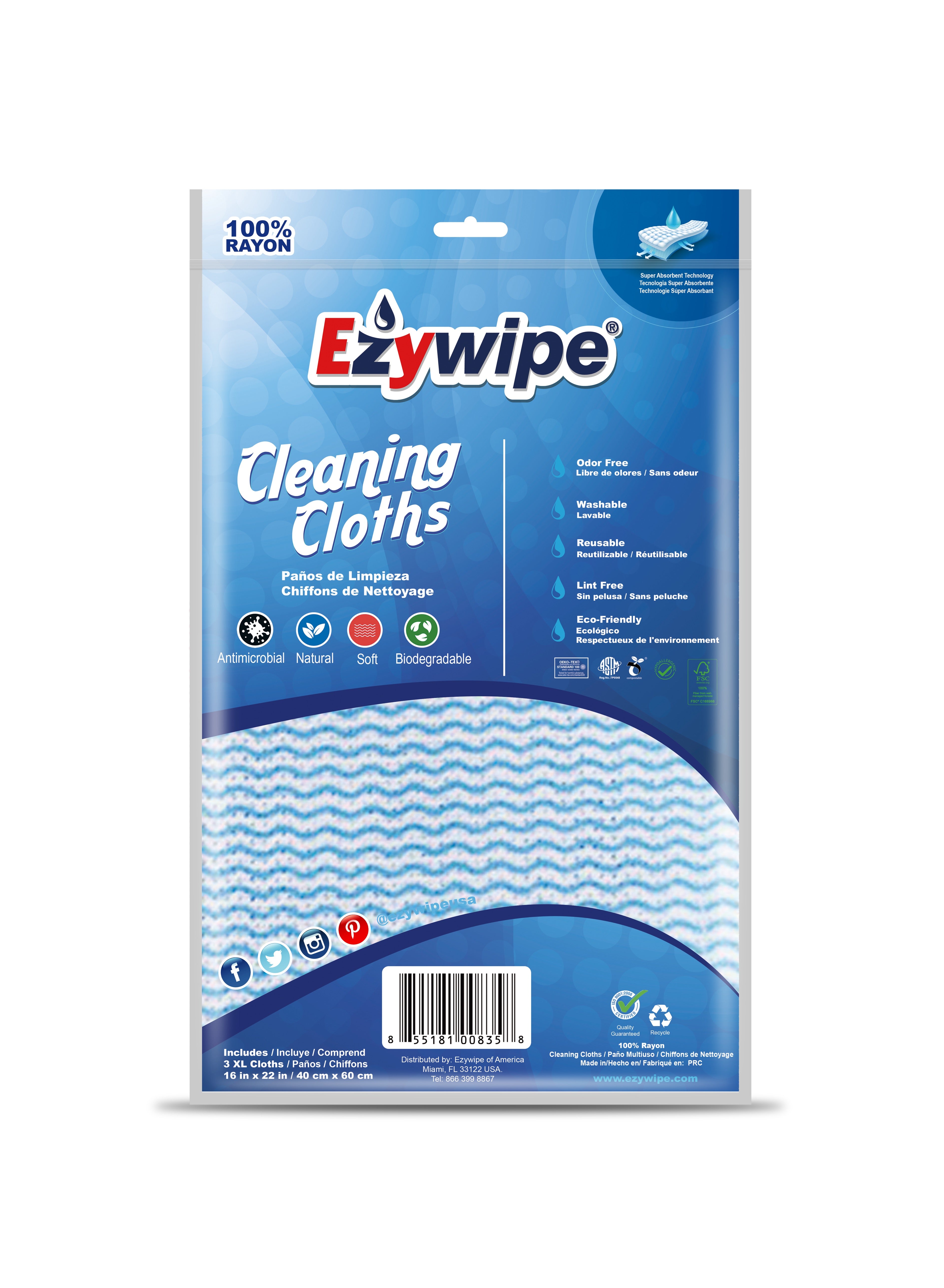 Ezywipe Reusable Cleaning Cloth. Multipurpose Heavy Duty, Odor Free, Machine Washable, Super Absorbent. Lint & Streak Free - 6 Pack 16” x 22”.